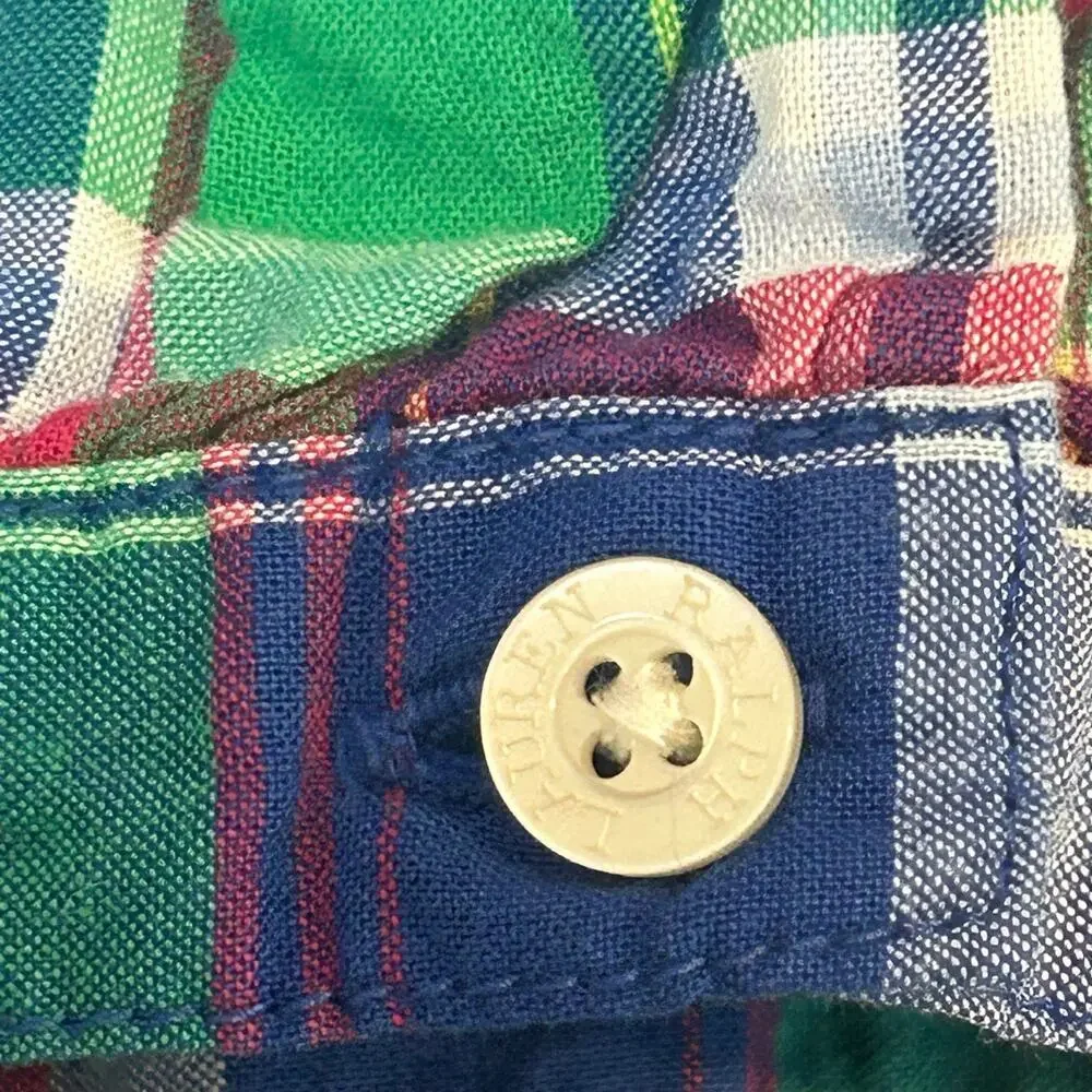 Ralph Lauren girls adjustable sleeve cotton blue plaid preppy smocked dress 16